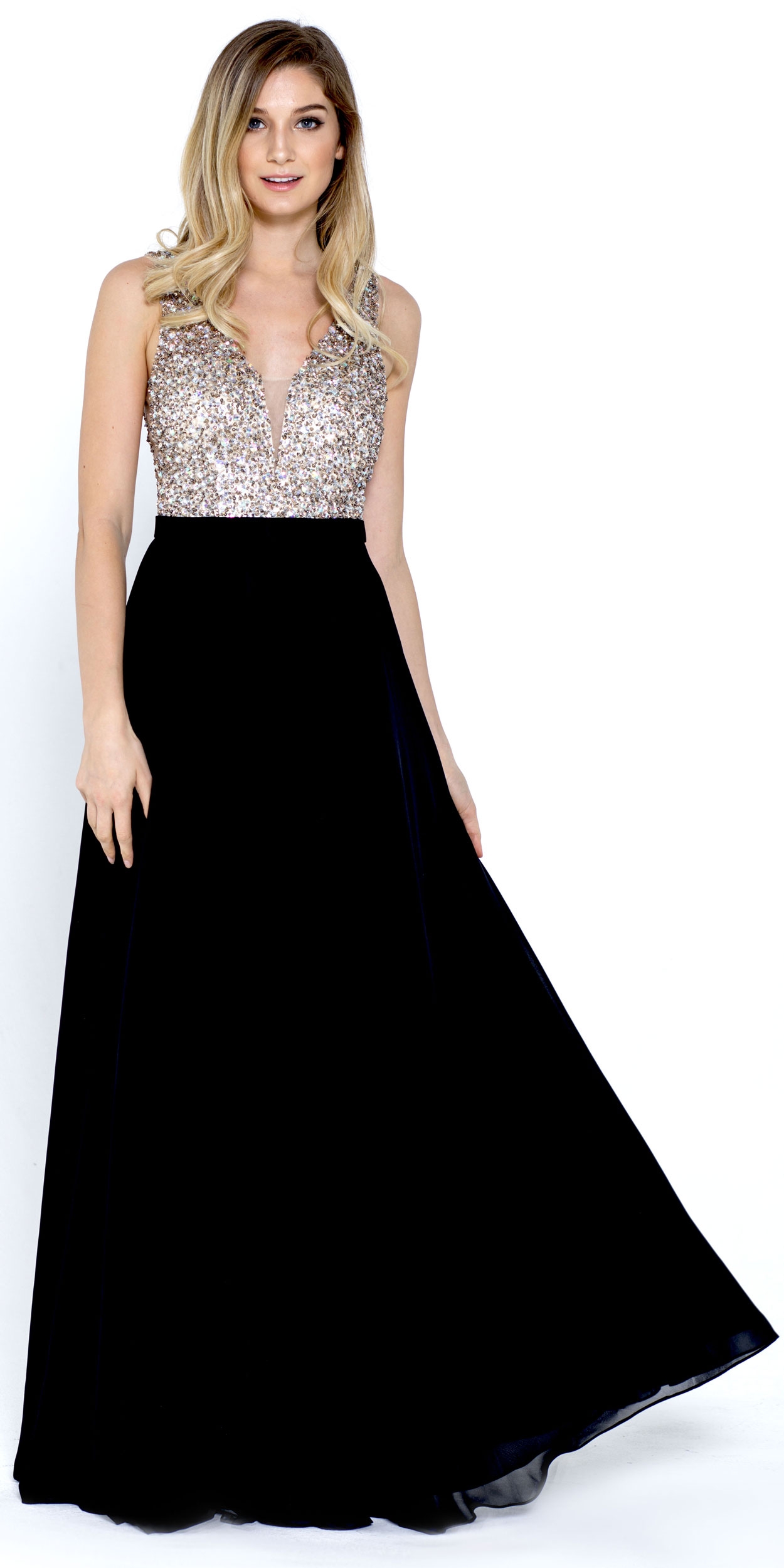 Bejeweled Bodice V-Neck Sleeveless Long Prom Dress — in Black