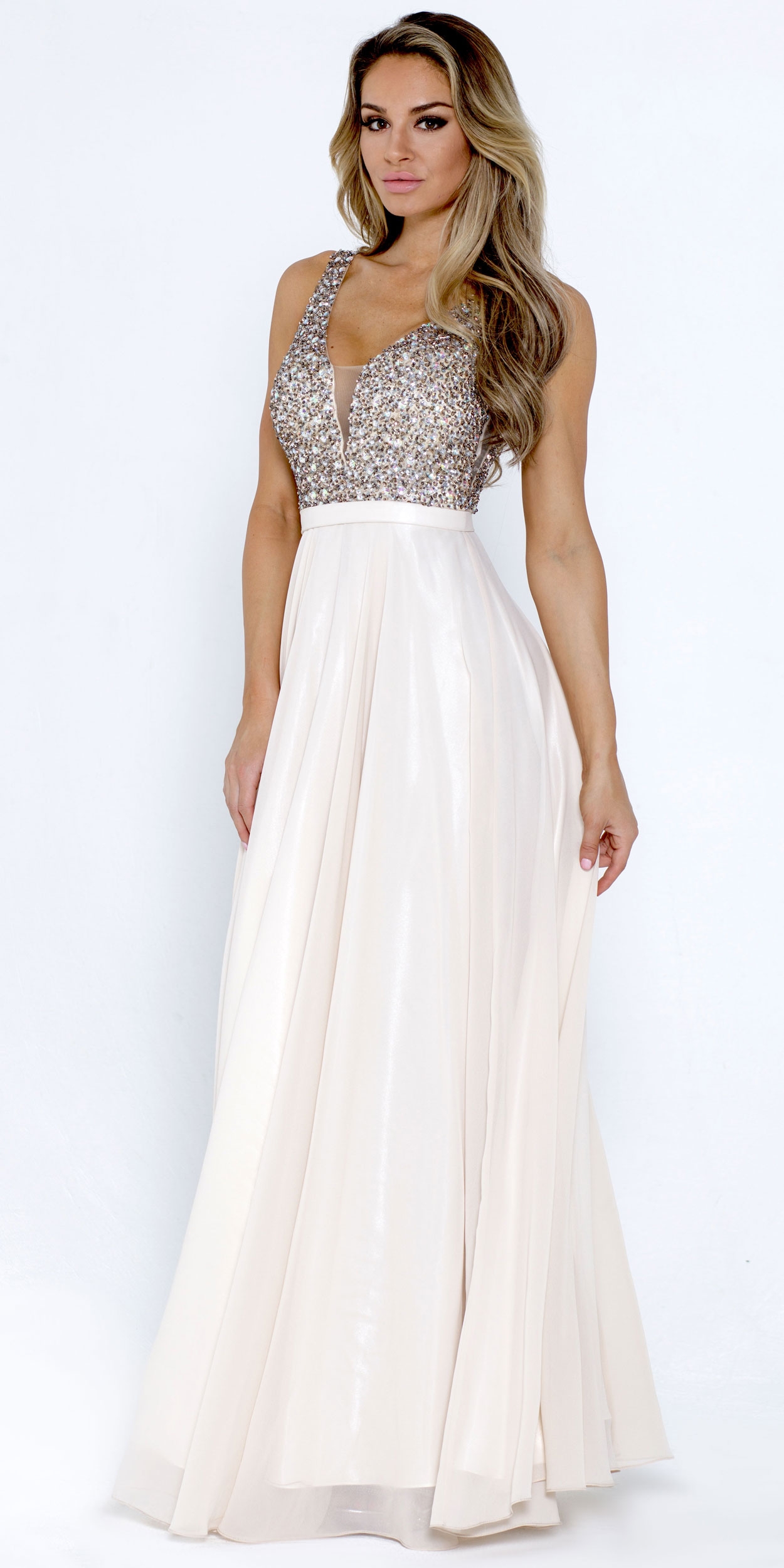 Bejeweled Bodice V-Neck Sleeveless Long Prom Dress — in Champaign