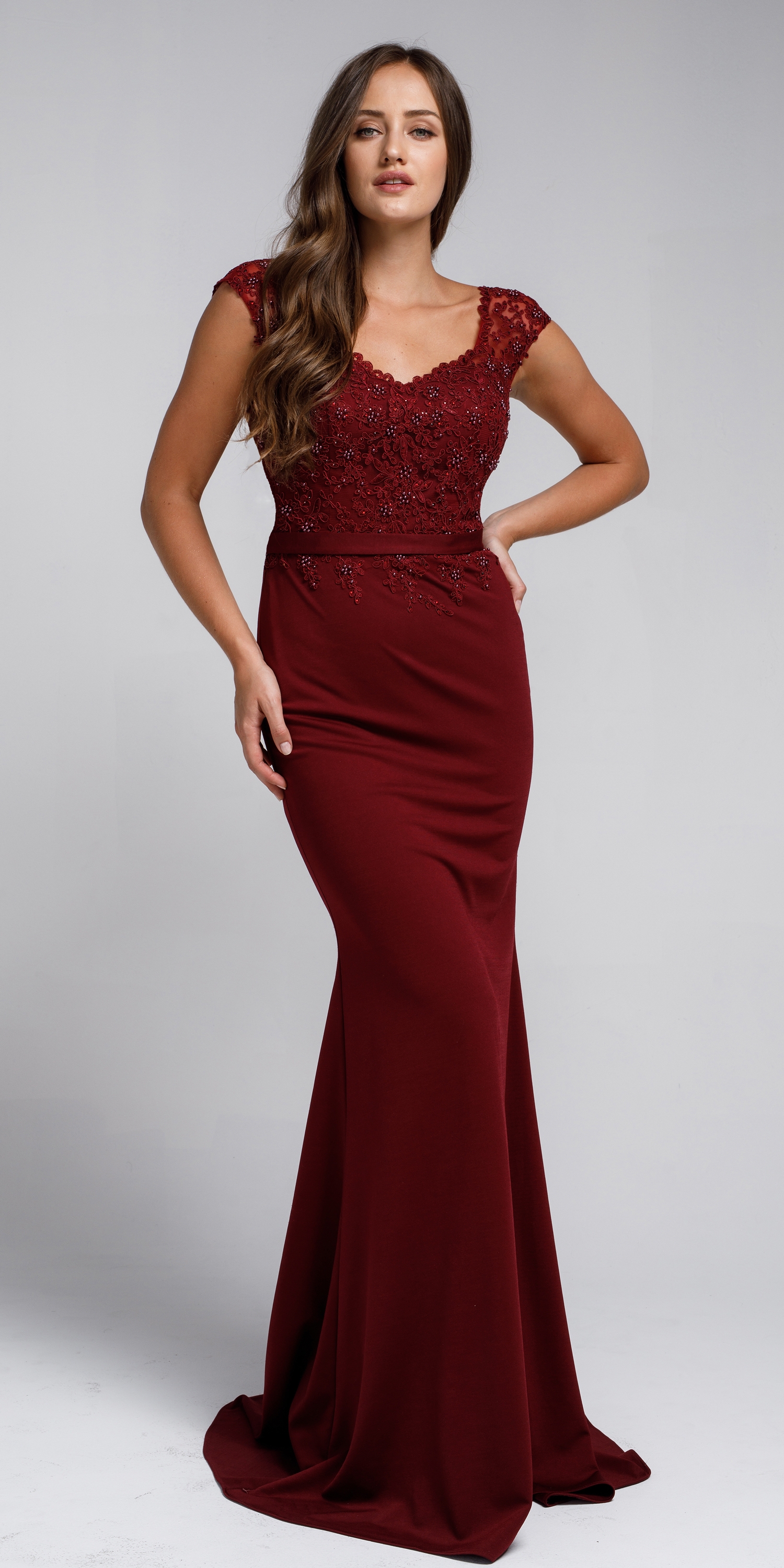 Sweatheart Neckline Embroidered Evening Gown — in Burgundy