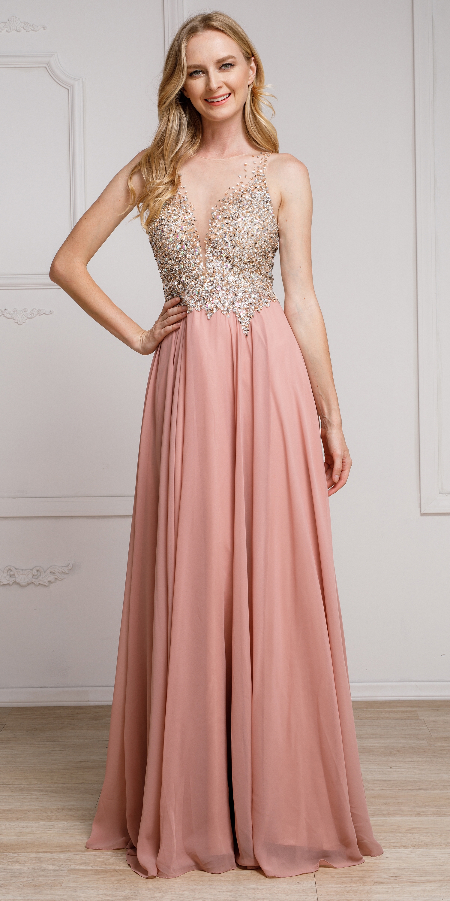 Sequined Plunging Neckine Prom Gown — in Dusty Rose