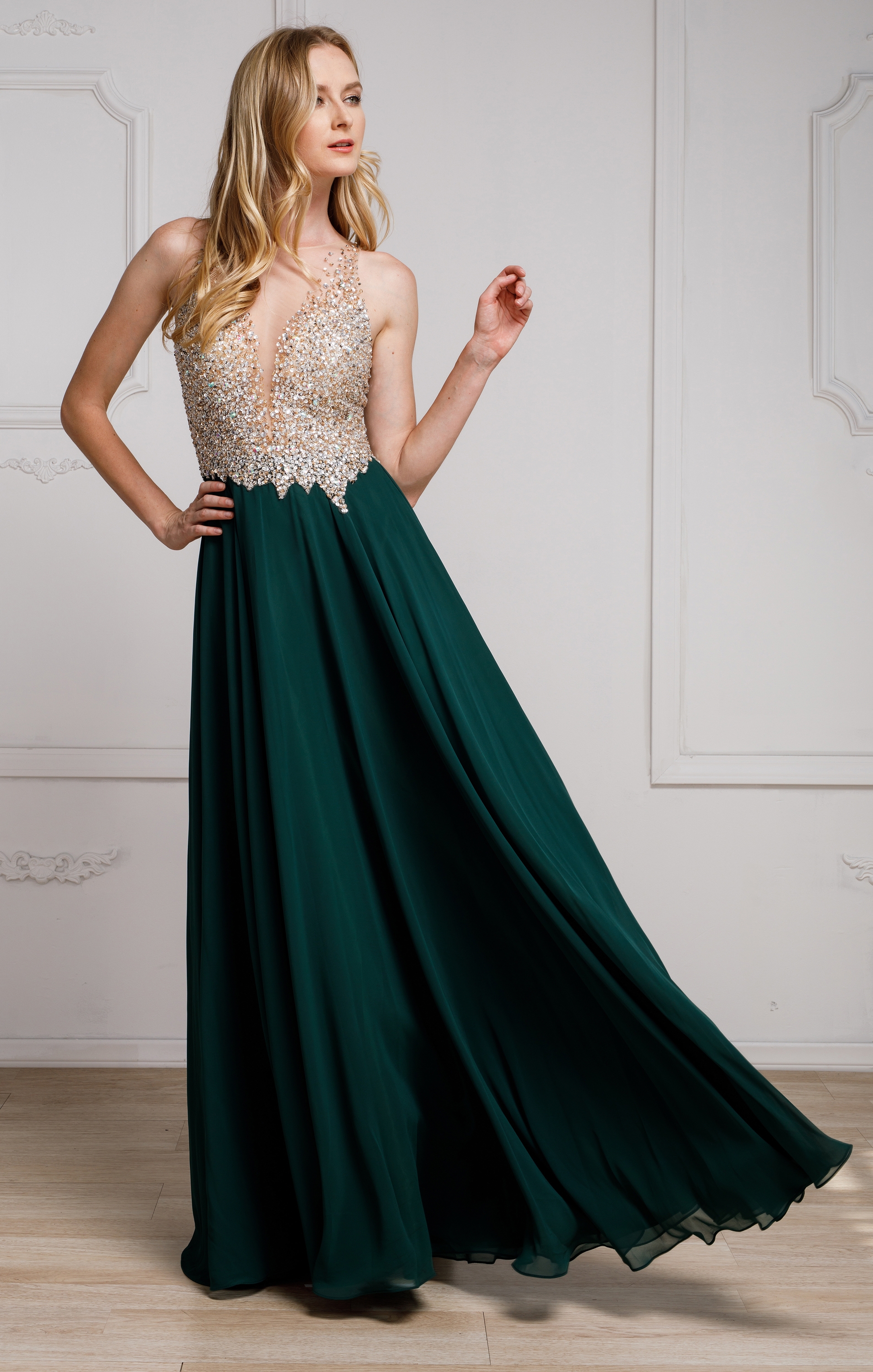 Sequined Plunging Neckine Prom Gown