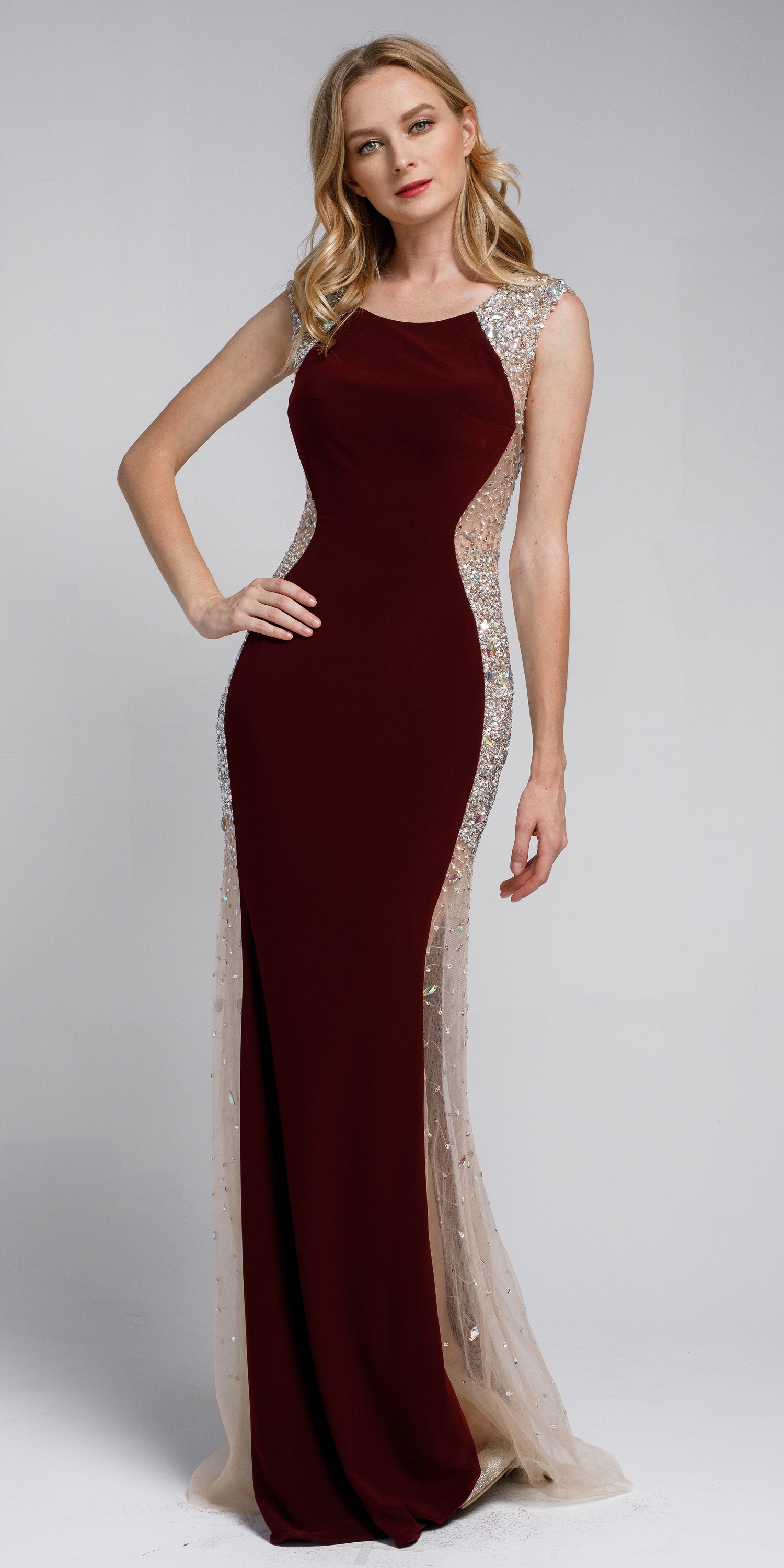 Silhouette Styles Prom Gown with Rhinestone Accents — in Burgundy