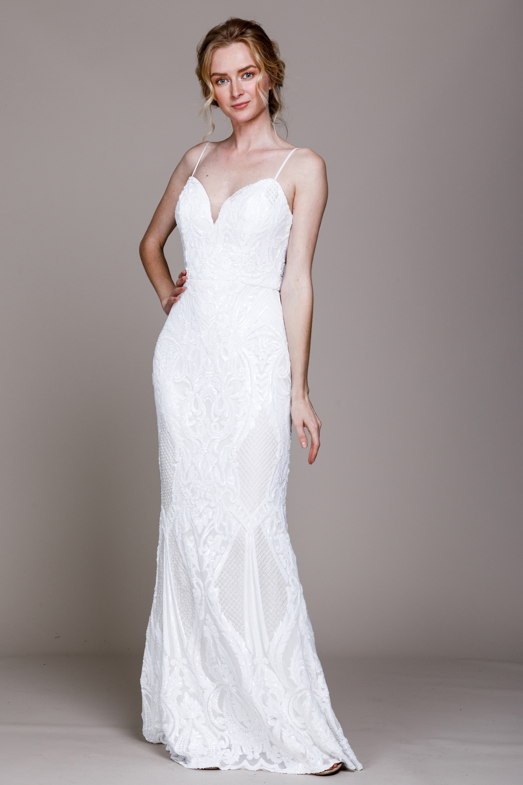 Fitted Silhouette Sequin Prom Gown — in White
