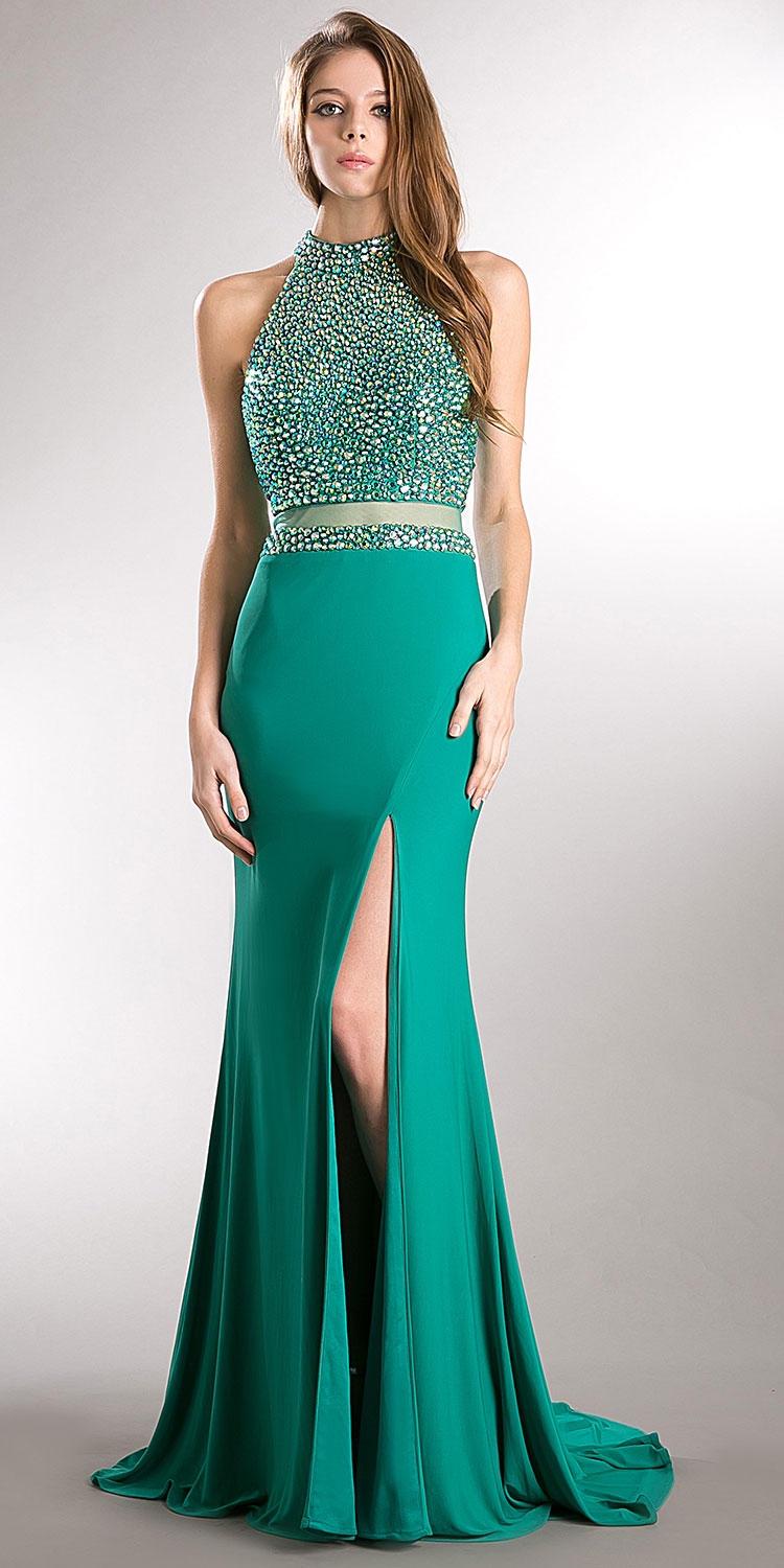High Neck Jewel Top Jersey Skirt Long Prom Pageant Dress — in an alternative image