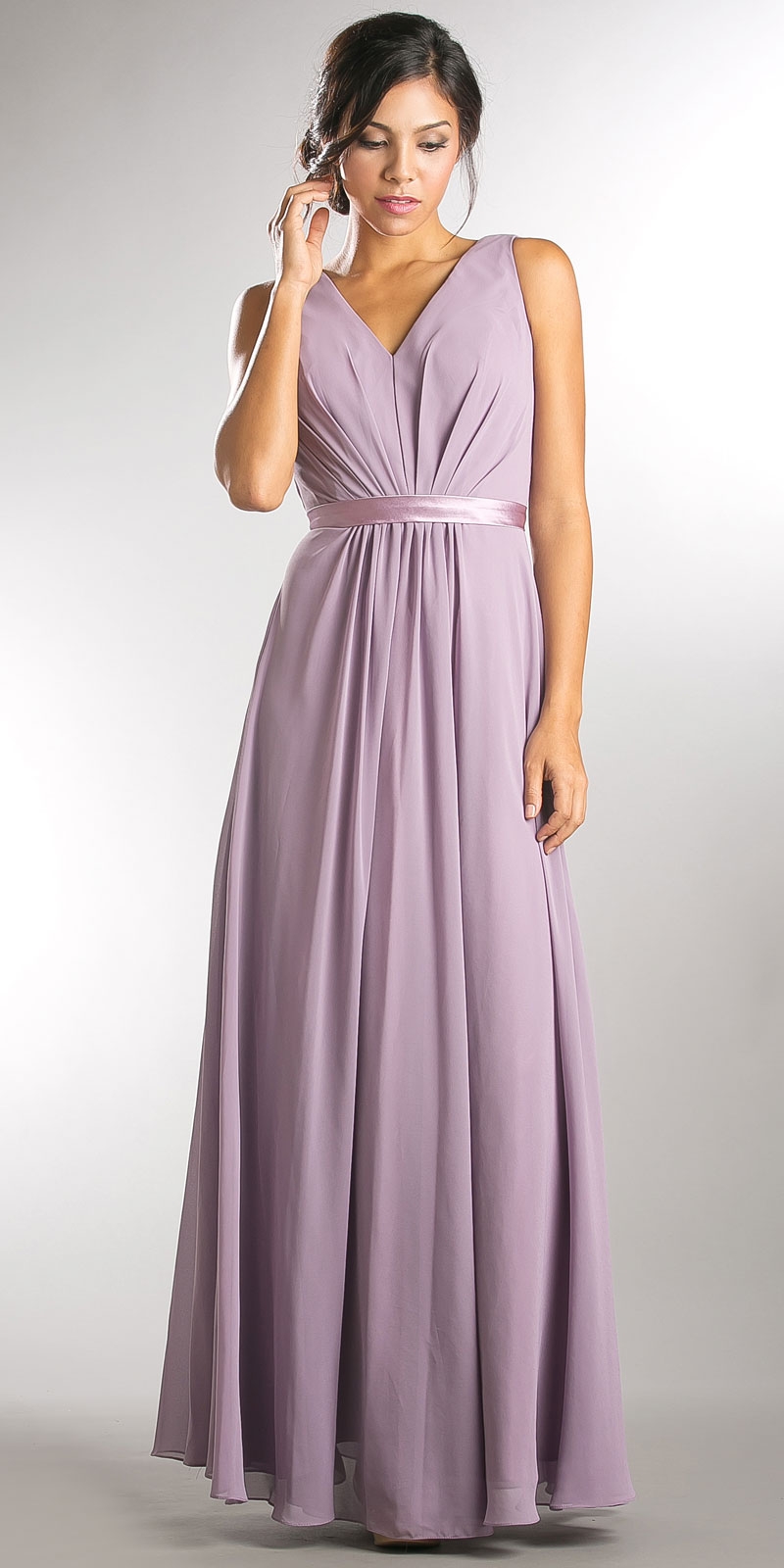 V-neck Sleeveless Ruched Bodice Long Bridesmaid Dress — in Lavender