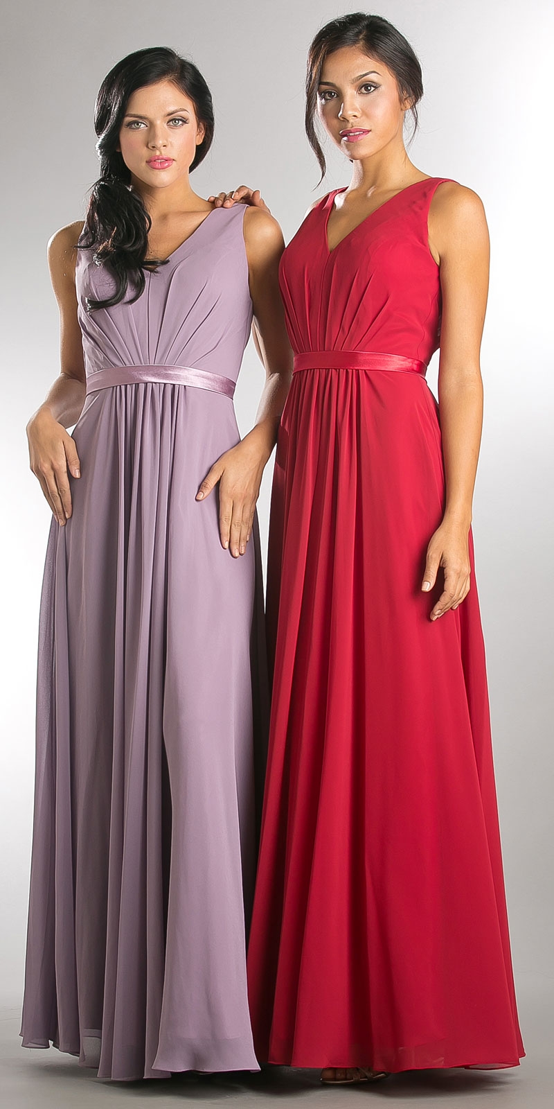 V-neck Sleeveless Ruched Bodice Long Bridesmaid Dress — in an alternate image
