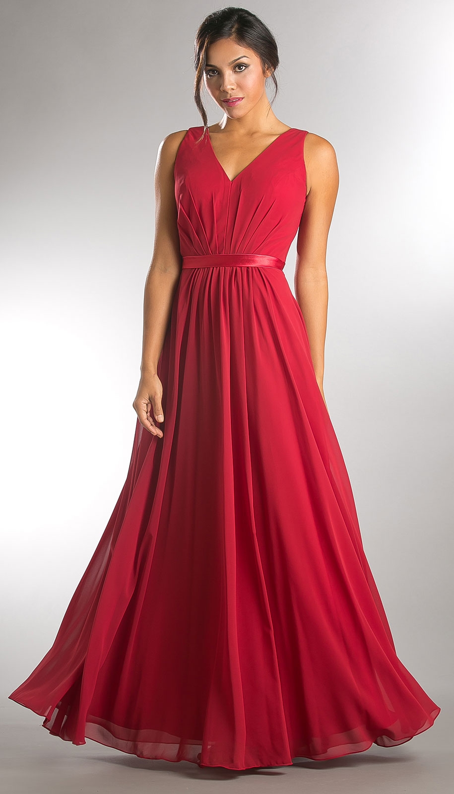 V-neck Sleeveless Ruched Bodice Long Bridesmaid Dress — in Red
