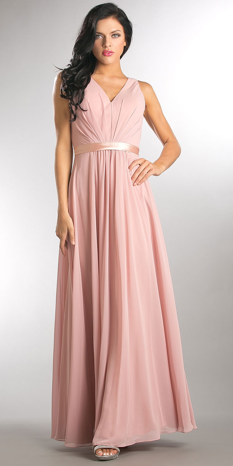 V-neck Sleeveless Ruched Bodice Long Bridesmaid Dress