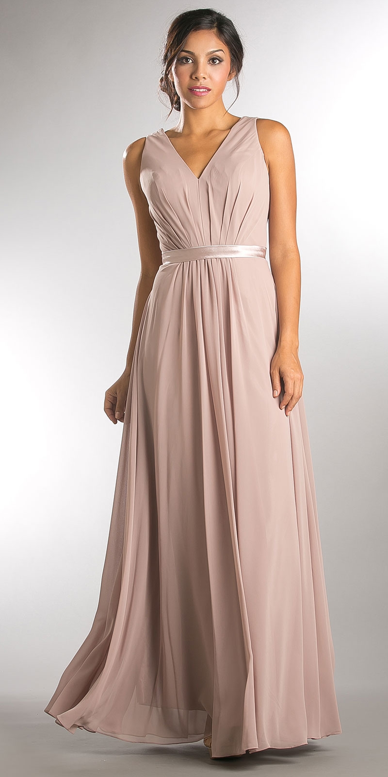 V-neck Sleeveless Ruched Bodice Long Bridesmaid Dress — in Taupe