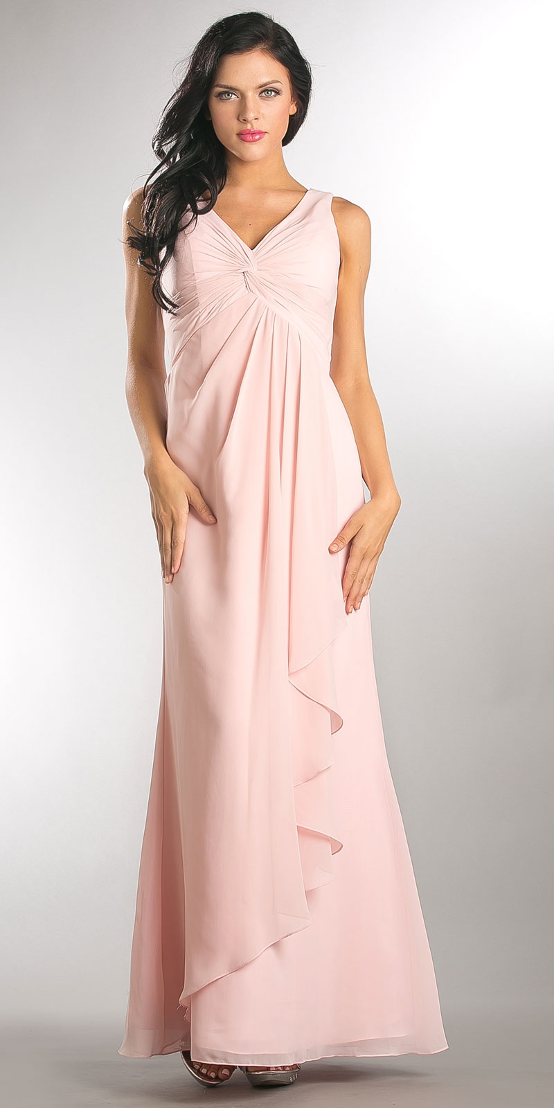 V-Neck Ruched Twist Knot Bust Long Bridesmaid Dress — in Blush