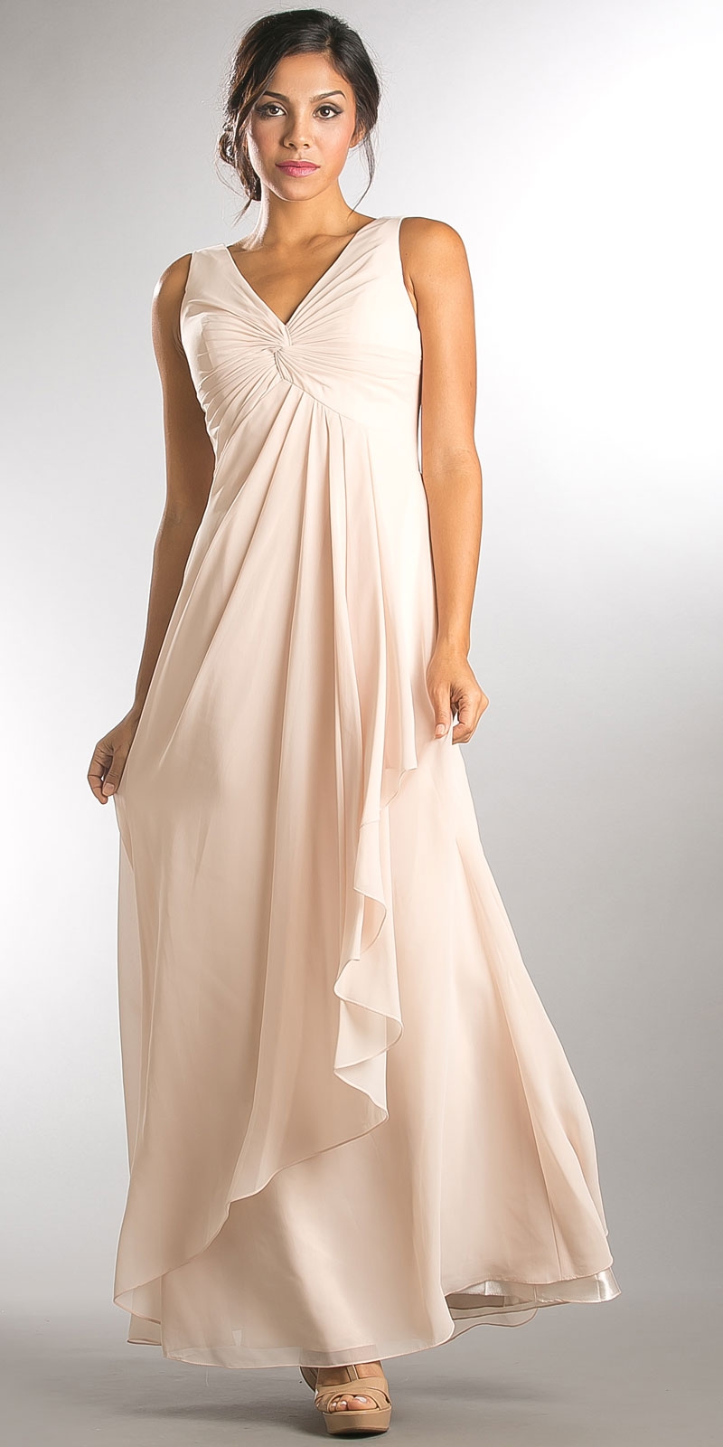 V-Neck Ruched Twist Knot Bust Long Bridesmaid Dress — in Champaign
