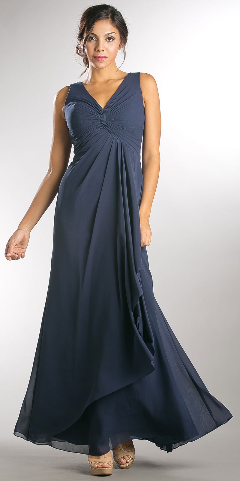 V-Neck Ruched Twist Knot Bust Long Bridesmaid Dress