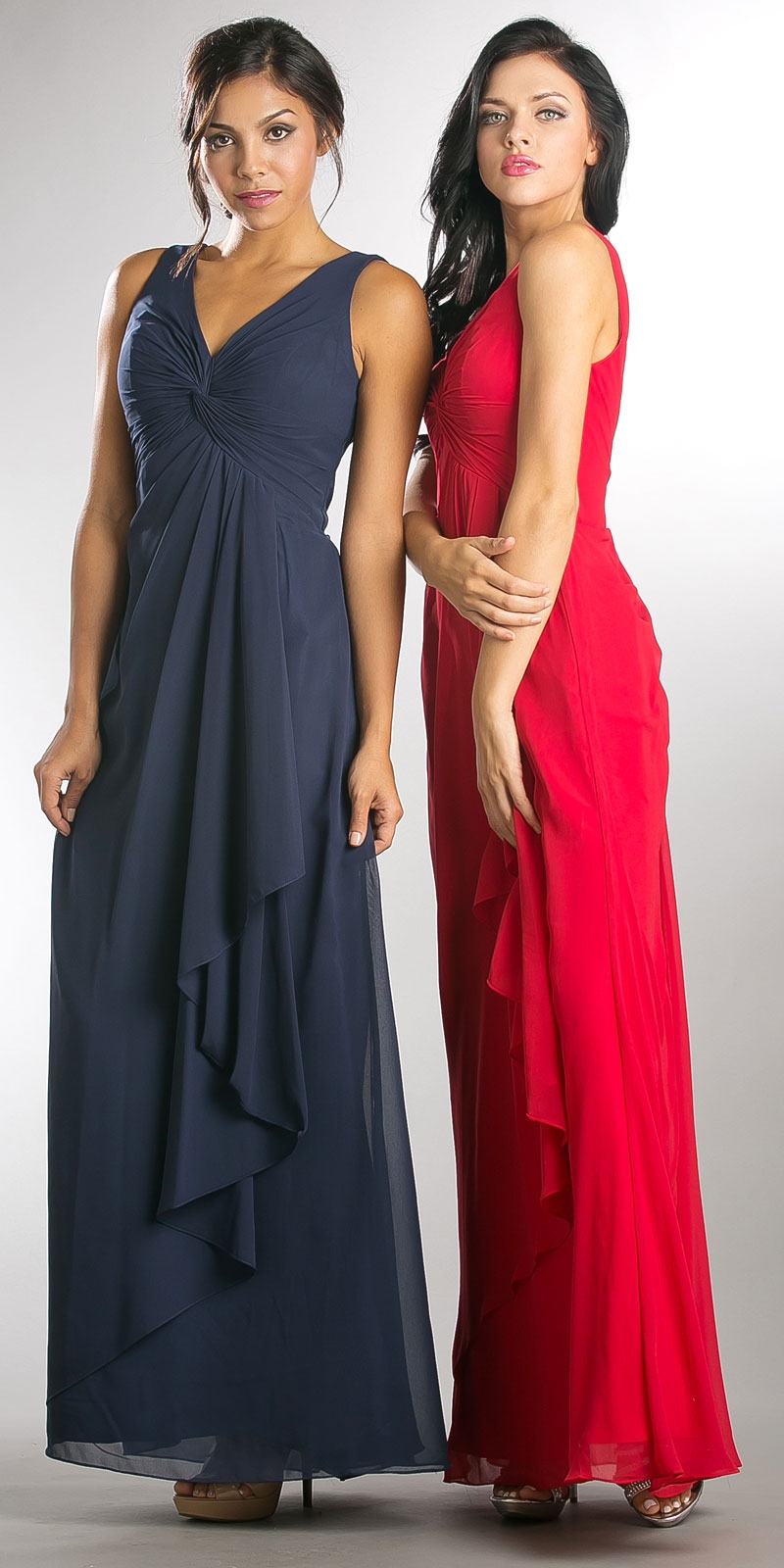 V-Neck Ruched Twist Knot Bust Long Bridesmaid Dress — in an alternate image