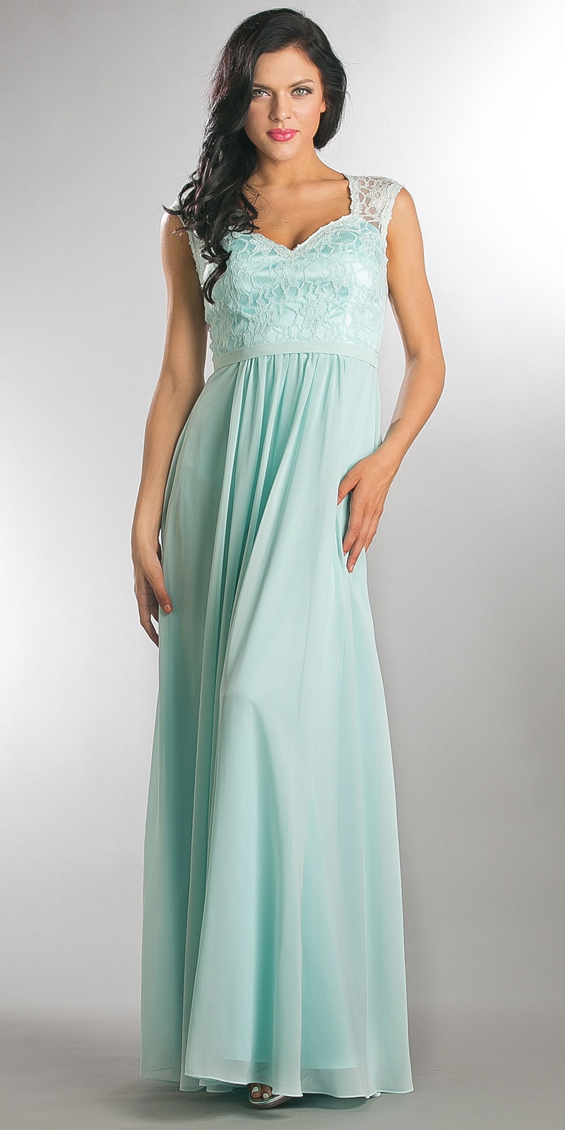 V-Neck Lace Top Empire Cut Long Bridesmaid Dress — in Aqua