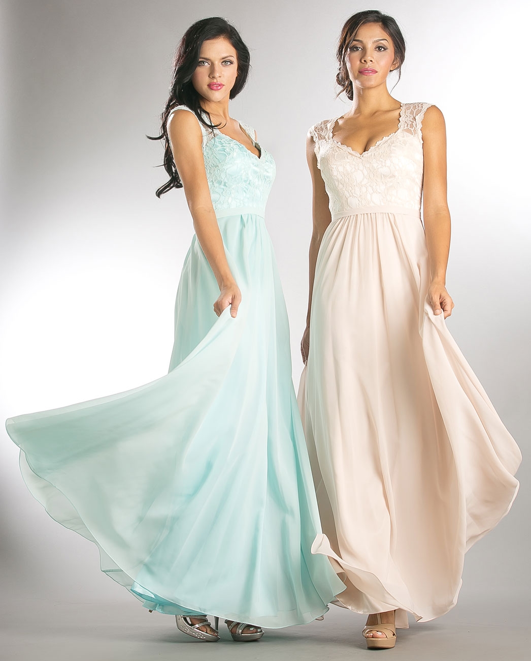 V-Neck Lace Top Empire Cut Long Bridesmaid Dress — in an