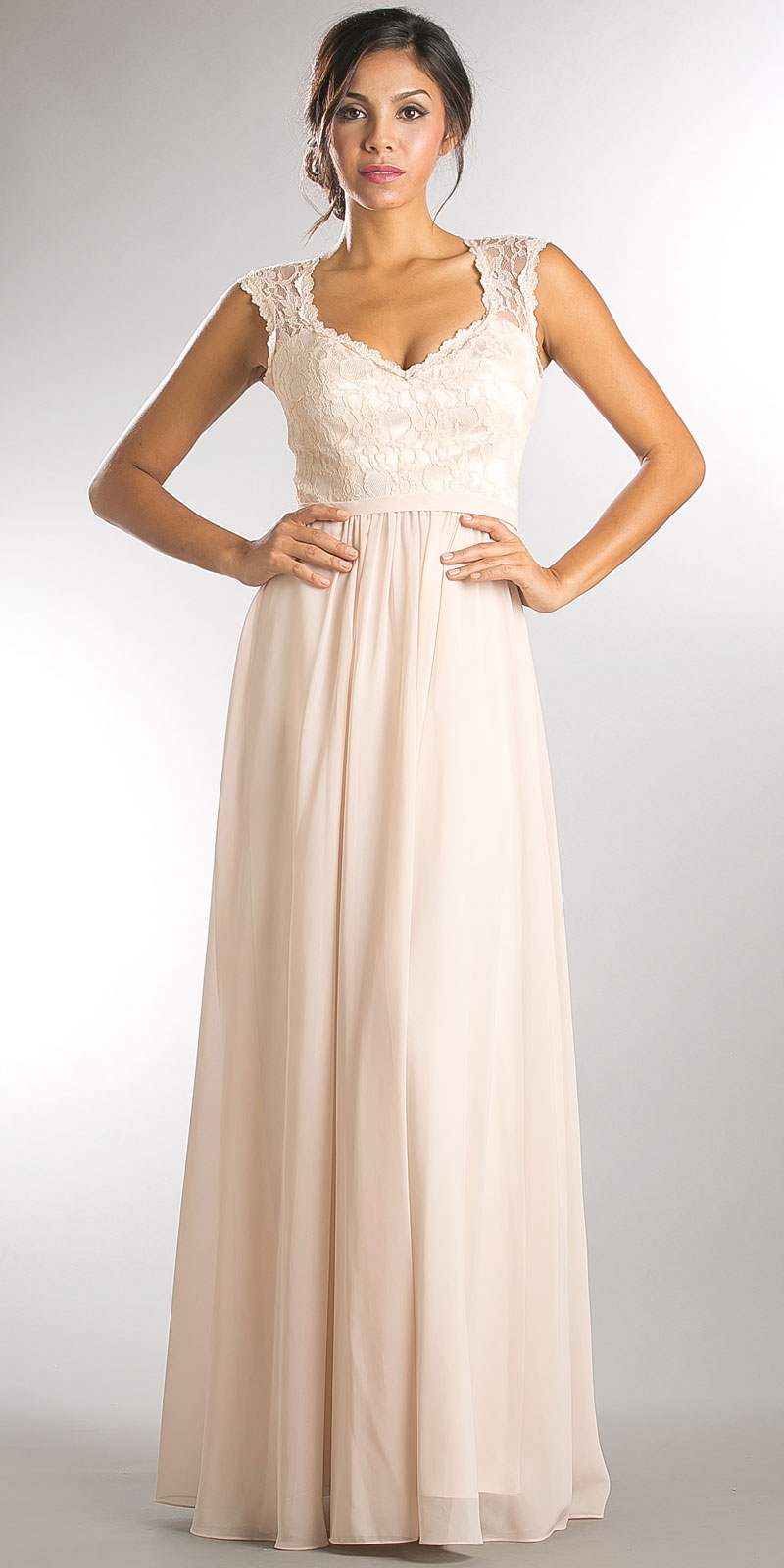V-Neck Lace Top Empire Cut Long Bridesmaid Dress — in Champaign