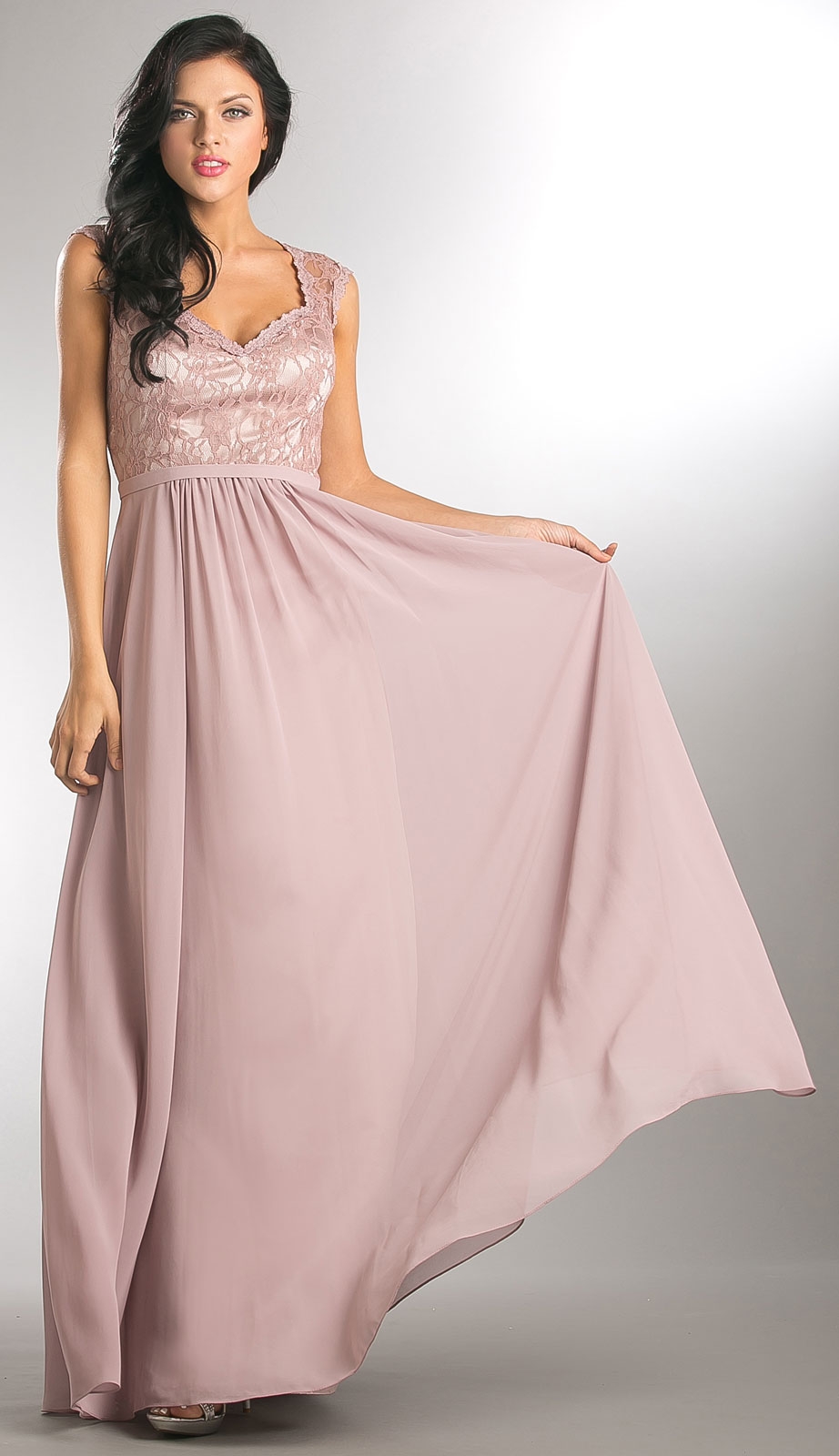 V-Neck Lace Top Empire Cut Long Bridesmaid Dress