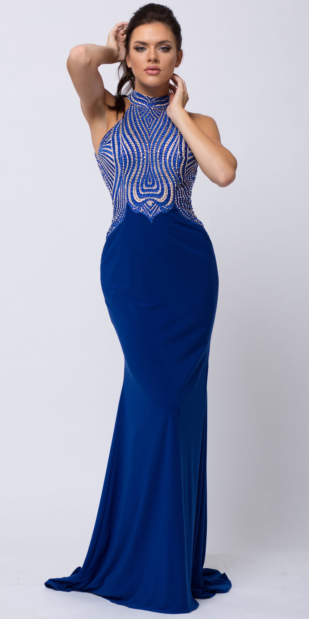 High Halter Neck Two-tone Bejeweled Top Long Prom Dress