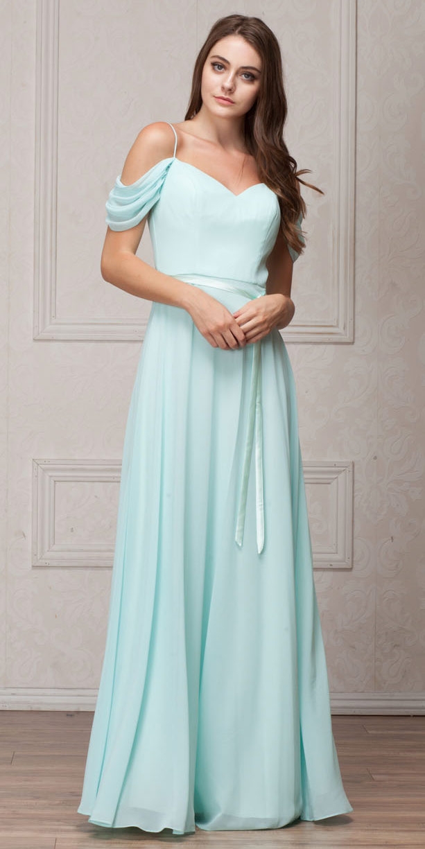 Spaghetti Straps Cold-shoulder Long Bridesmaid Dress — in Aqua