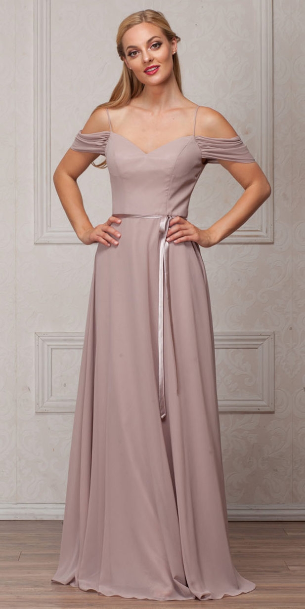 Spaghetti Straps Cold-shoulder Long Bridesmaid Dress — in Taupe