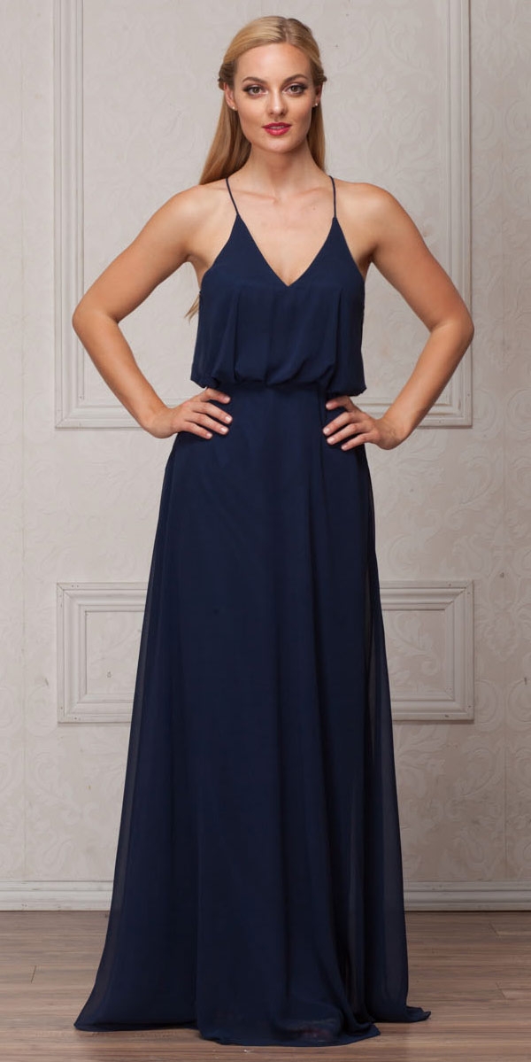 Spaghetti Straps V-Neck Blouson Top Long Bridesmaid Dress — in Navy