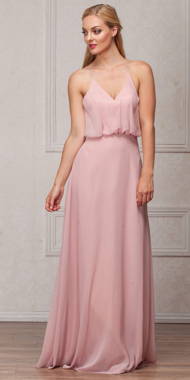 Spaghetti Straps V-Neck Blouson Top Long Bridesmaid Dress