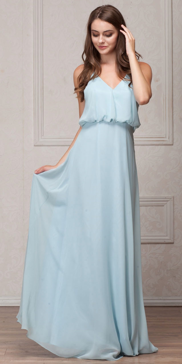 Spaghetti Straps V-Neck Blouson Top Long Bridesmaid Dress — in Sea Foam