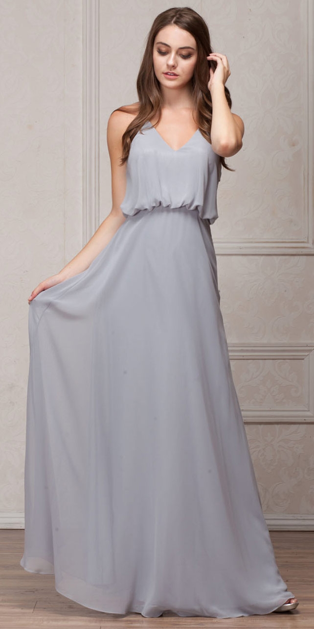 Spaghetti Straps V-Neck Blouson Top Long Bridesmaid Dress — in Silver