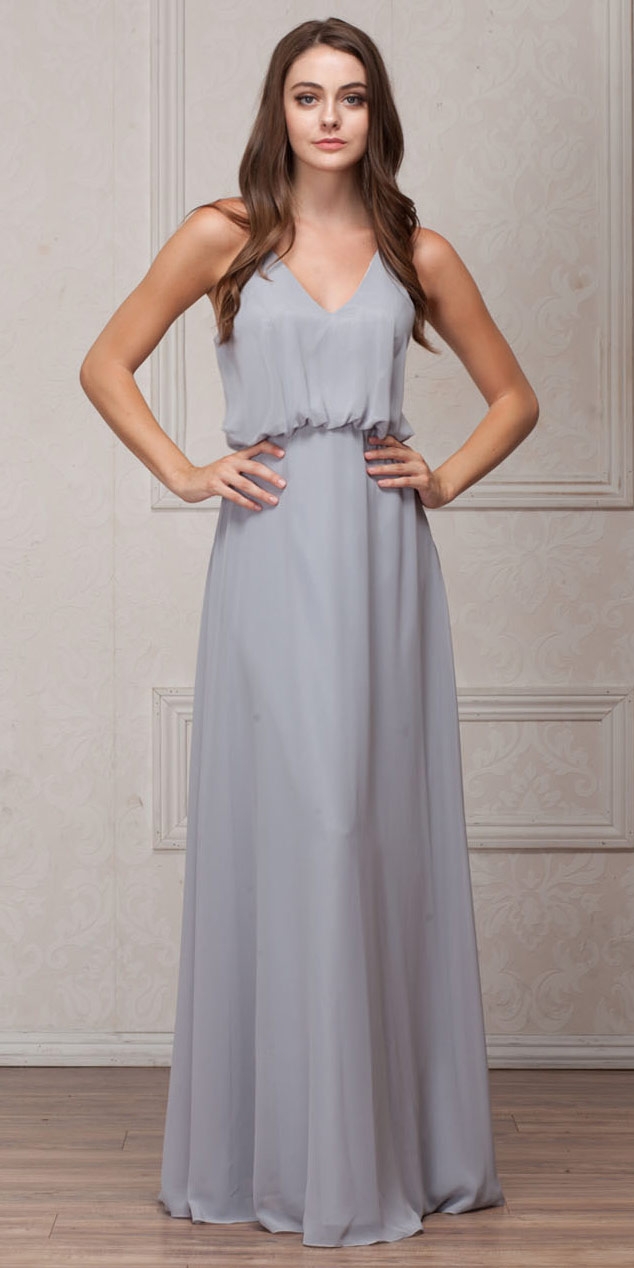 Spaghetti Straps V-Neck Blouson Top Long Bridesmaid Dress — in Silver