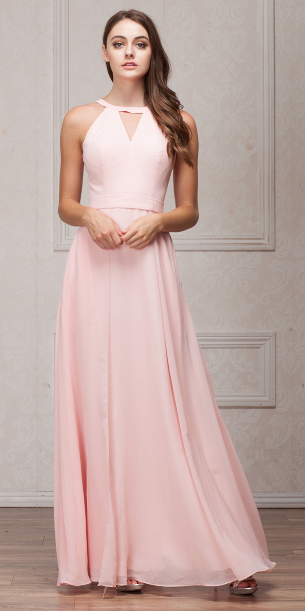 High Round Neck Princess Cut Long Bridesmaid Dress — in Blush