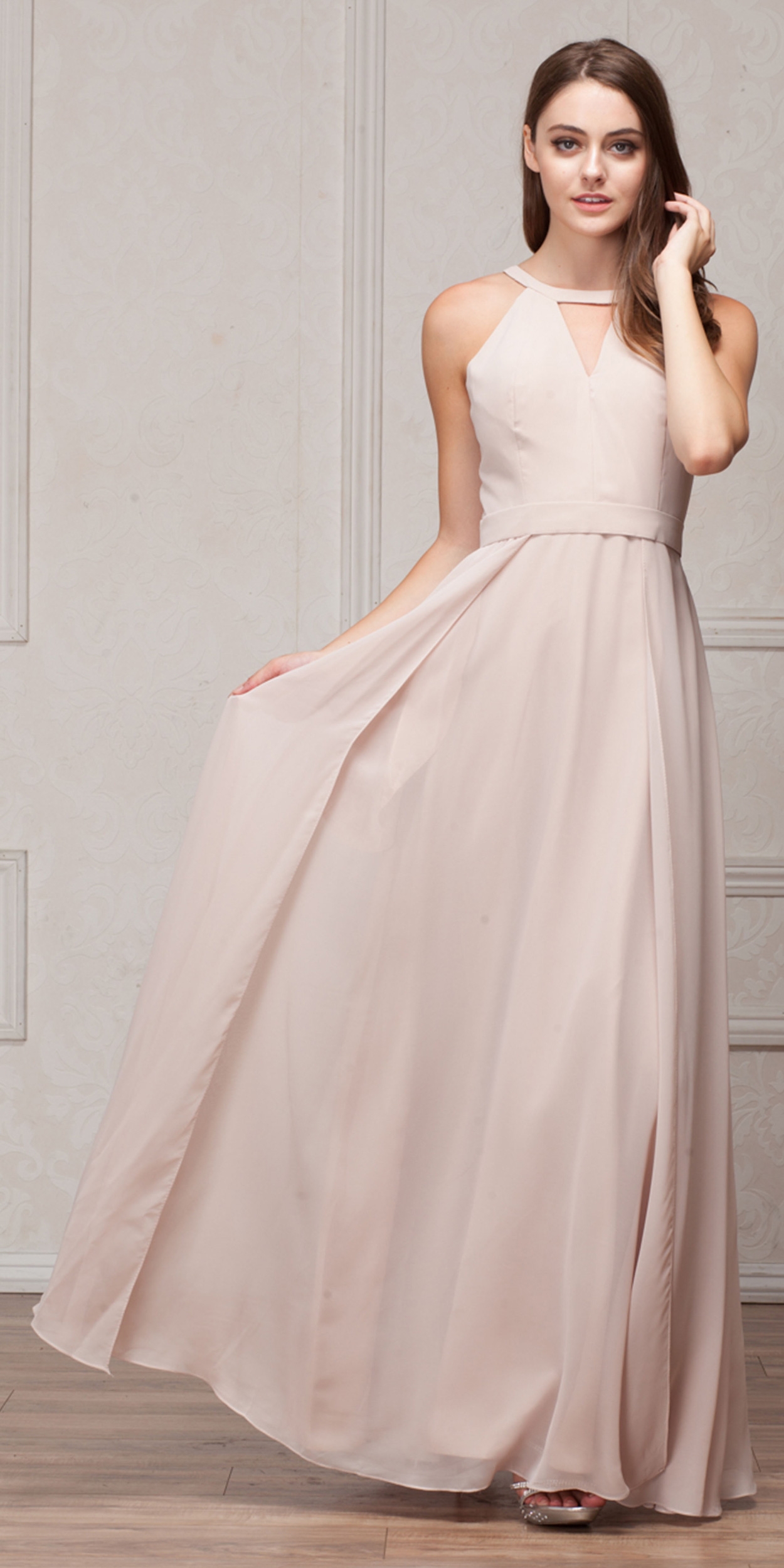 High Round Neck Princess Cut Long Bridesmaid Dress — in Champaign