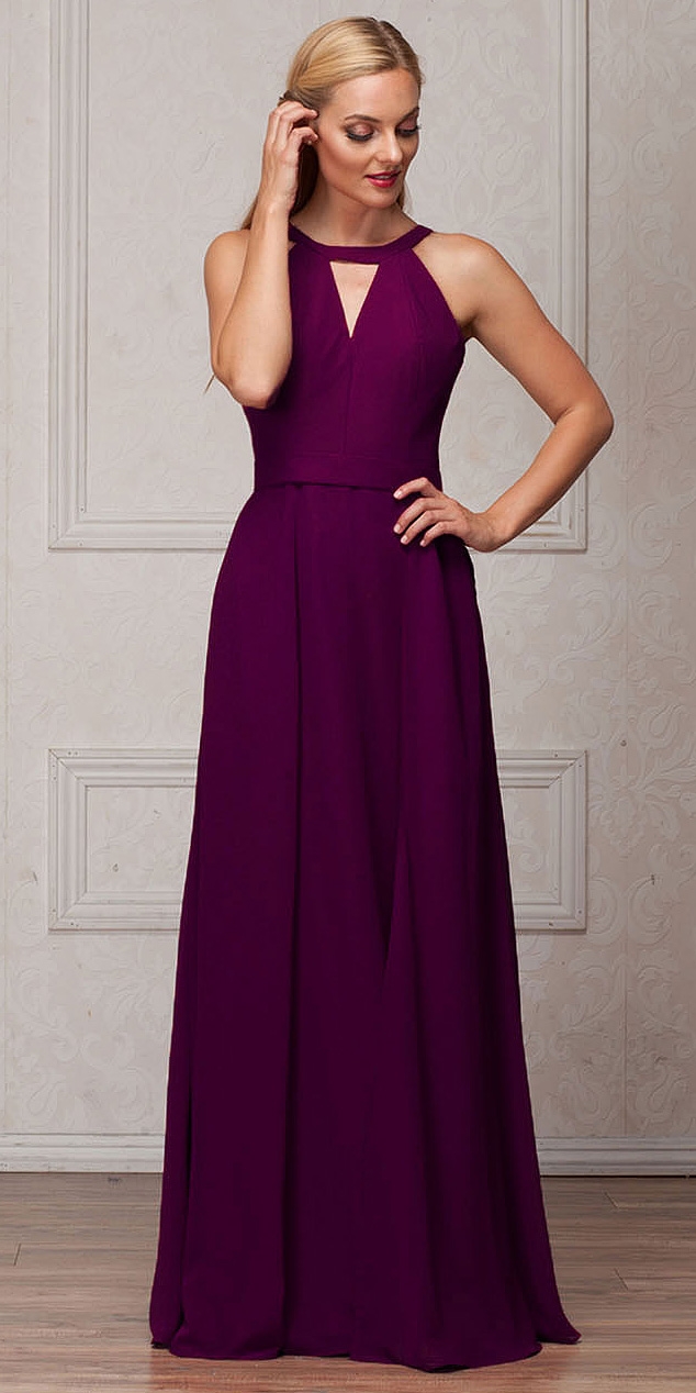 High Round Neck Princess Cut Long Bridesmaid Dress — in Eggplant
