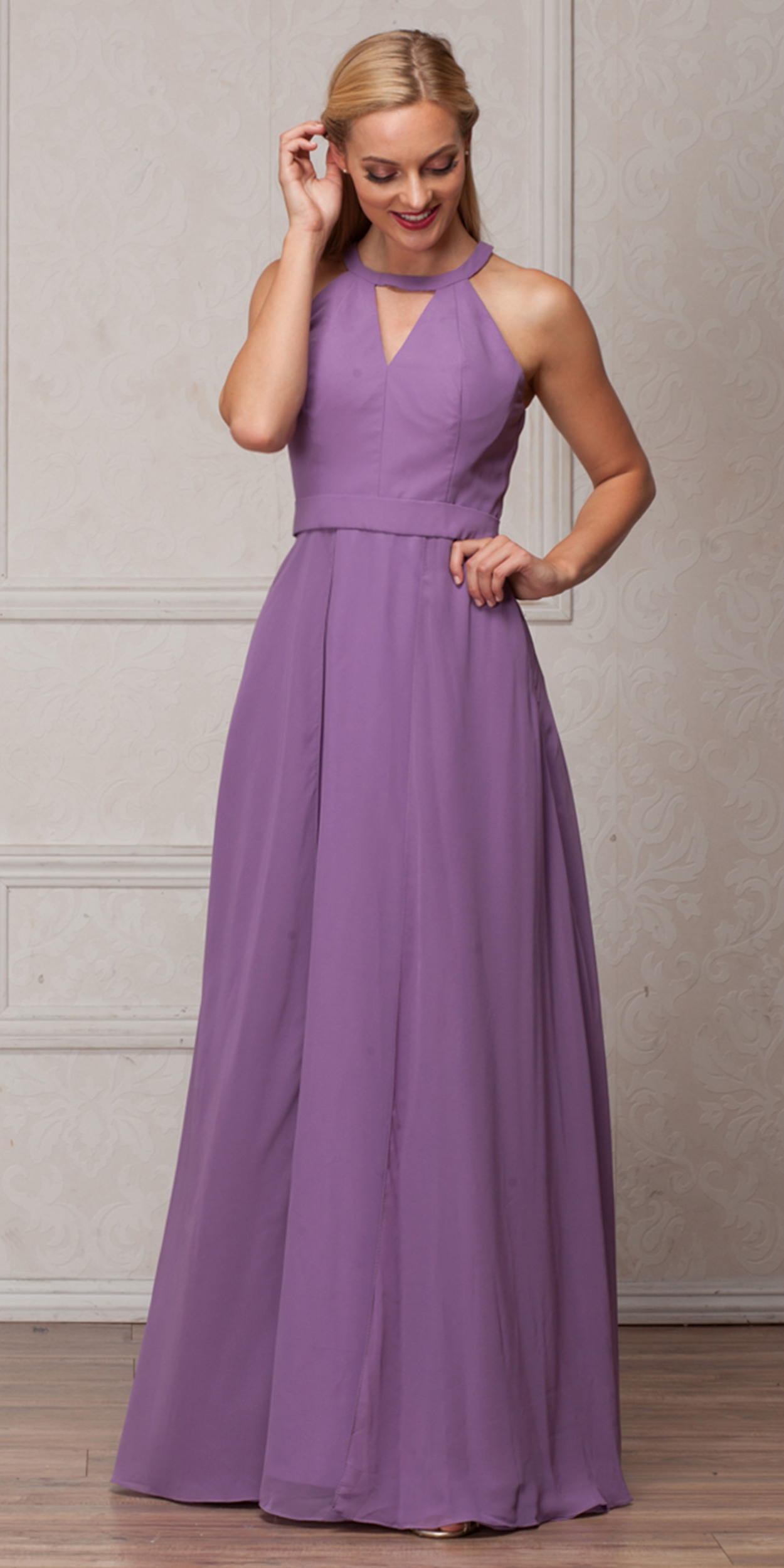 High Round Neck Princess Cut Long Bridesmaid Dress — in Lavender