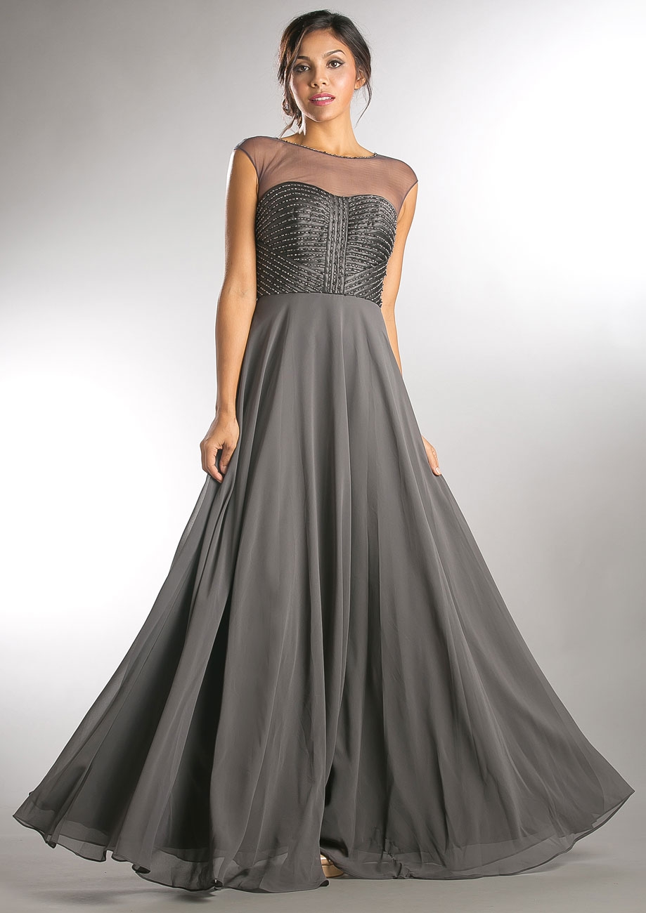 Sheer Neck Beaded Bust Long Formal Evening Dress.