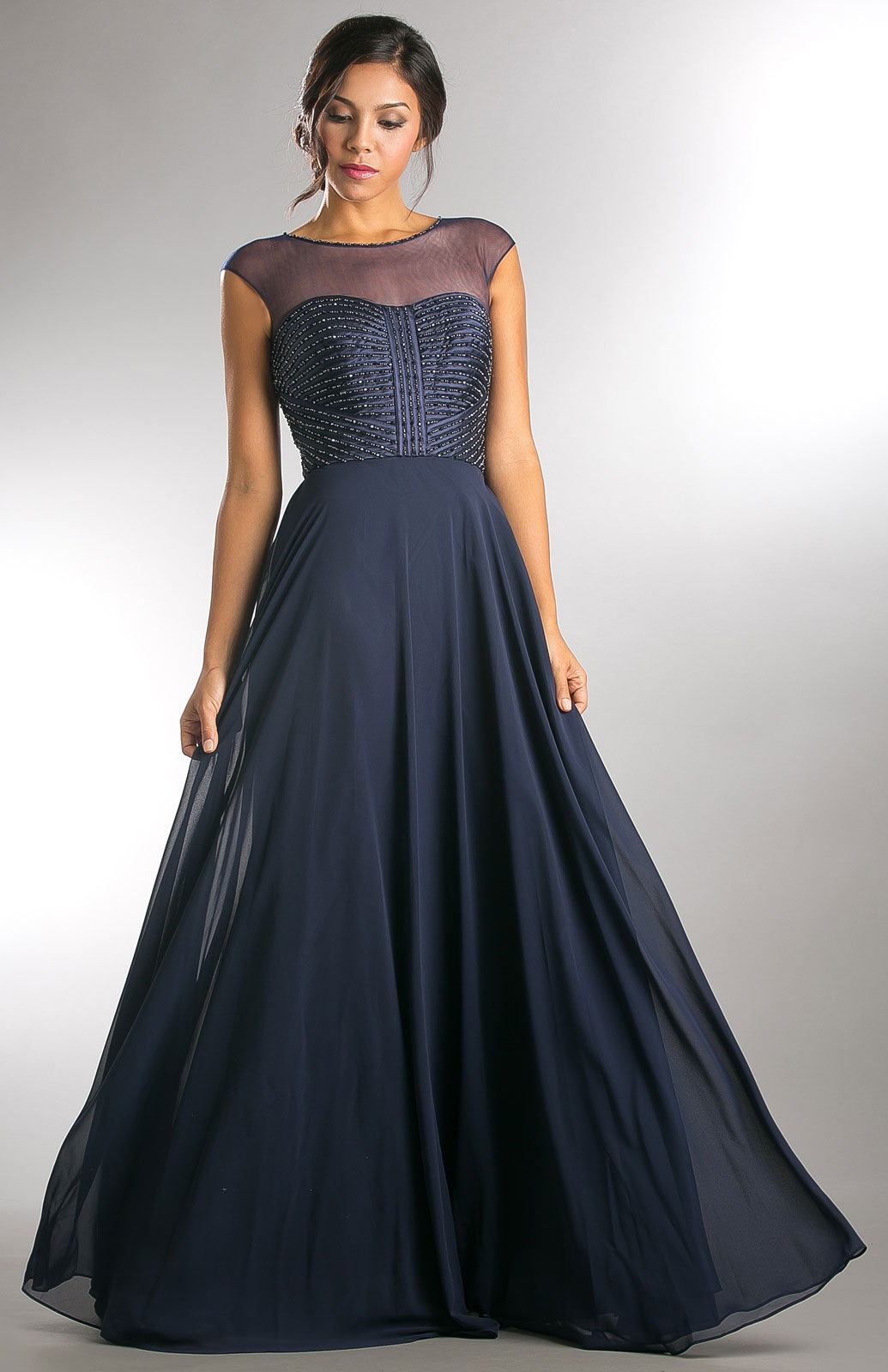 Sheer Neck Beaded Bust Long Formal Evening Dress. — in Navy