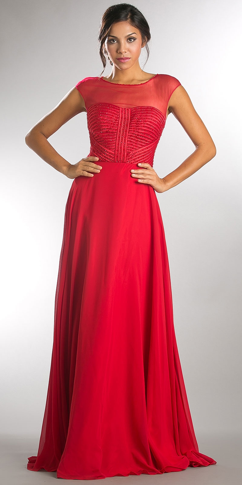 Sheer Neck Beaded Bust Long Formal Evening Dress. — in Red