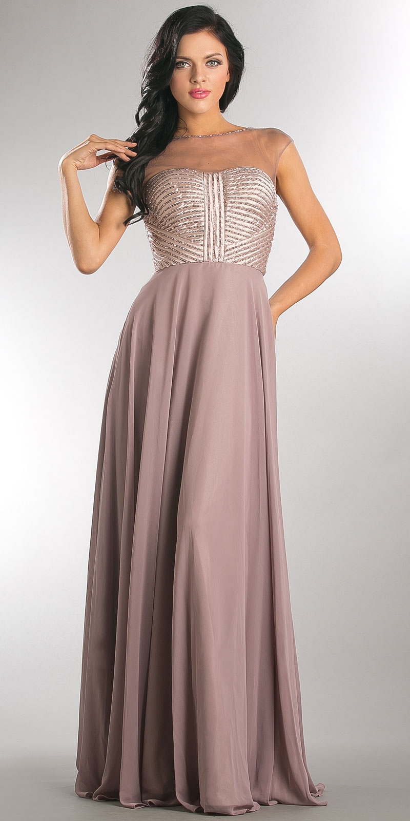 Sheer Neck Beaded Bust Long Formal Evening Dress. — in Rose
