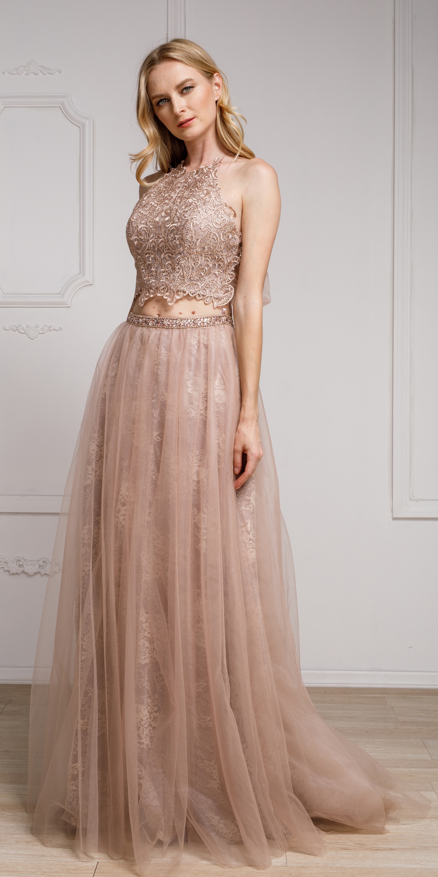 Dazzling Embroidered Two Piece Halter Prom Dress — in Mocha
