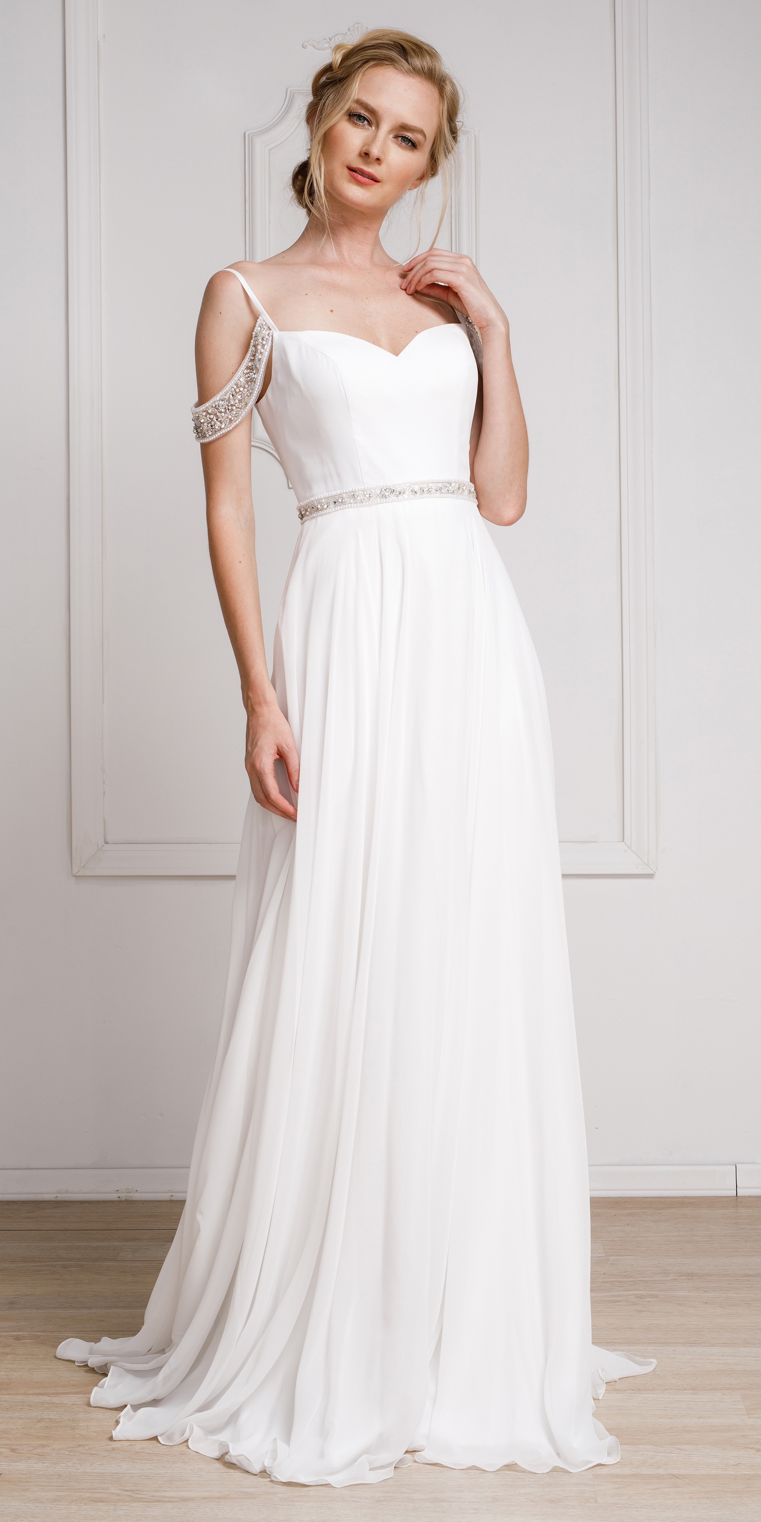 Rhinestone Accented Drop Sleeve Formal Gown