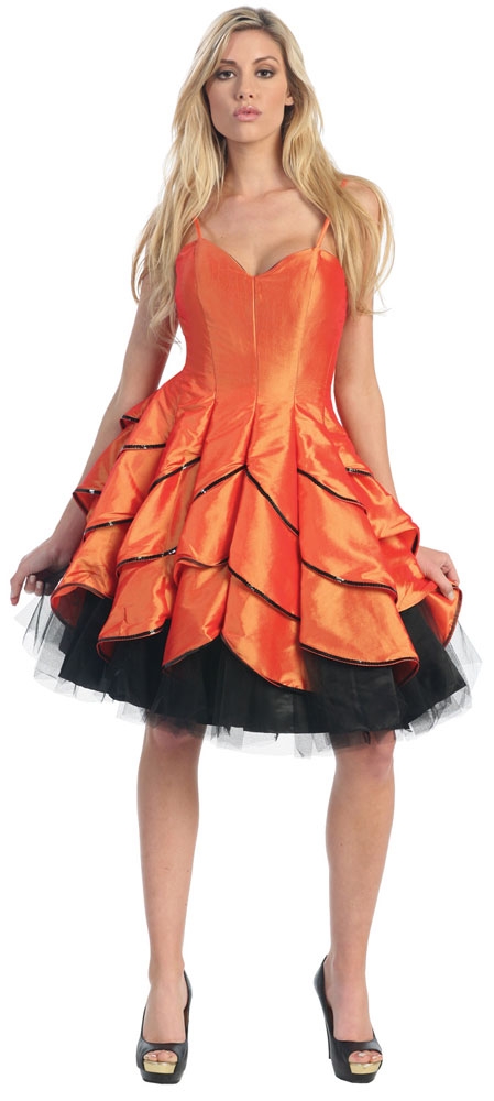 Spaghetti Party Dress with Ruffled Skirt — in Orange
