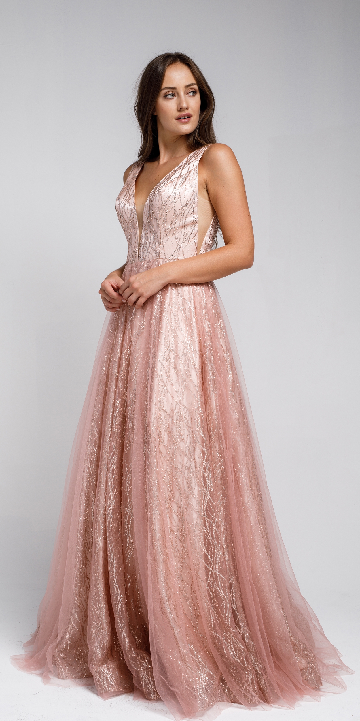 V Neck Vines Pattern Tulle Prom Gown