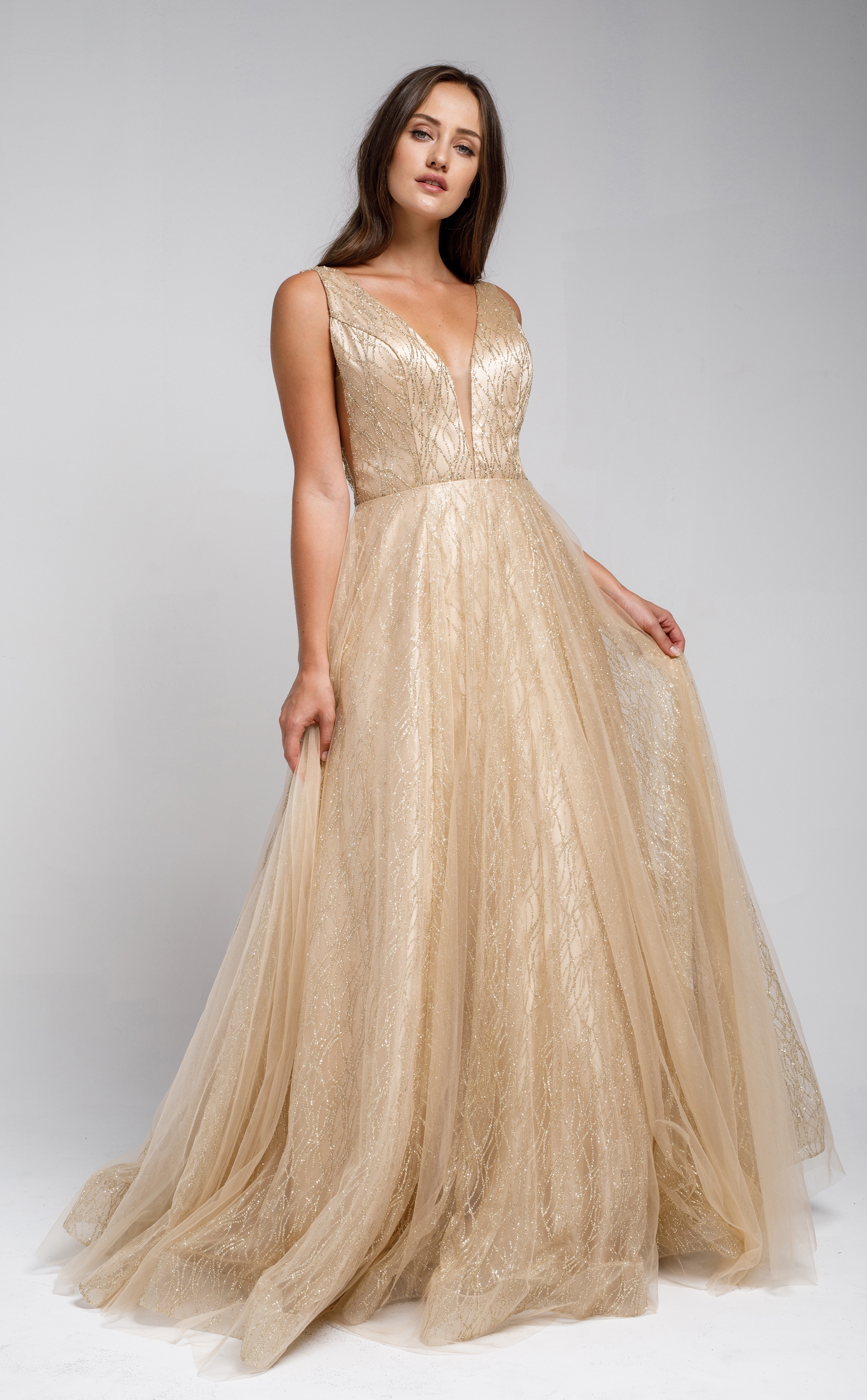 V Neck Vines Pattern Tulle Prom Gown — in Champaign