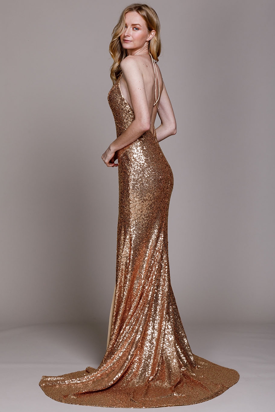 Sequinned Shimmering Halter Neck Prom Formal Gown — in an alternative image