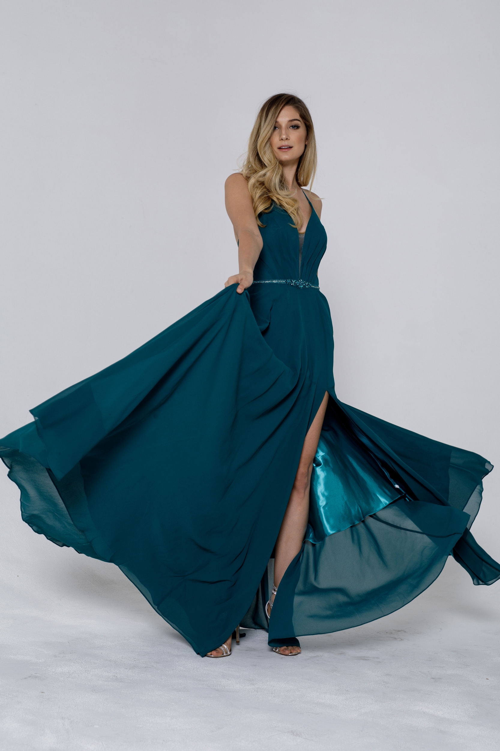 V-Neck Rhinestones Belt Front Slit Long Bridesmaid Dress — in Emerald Green