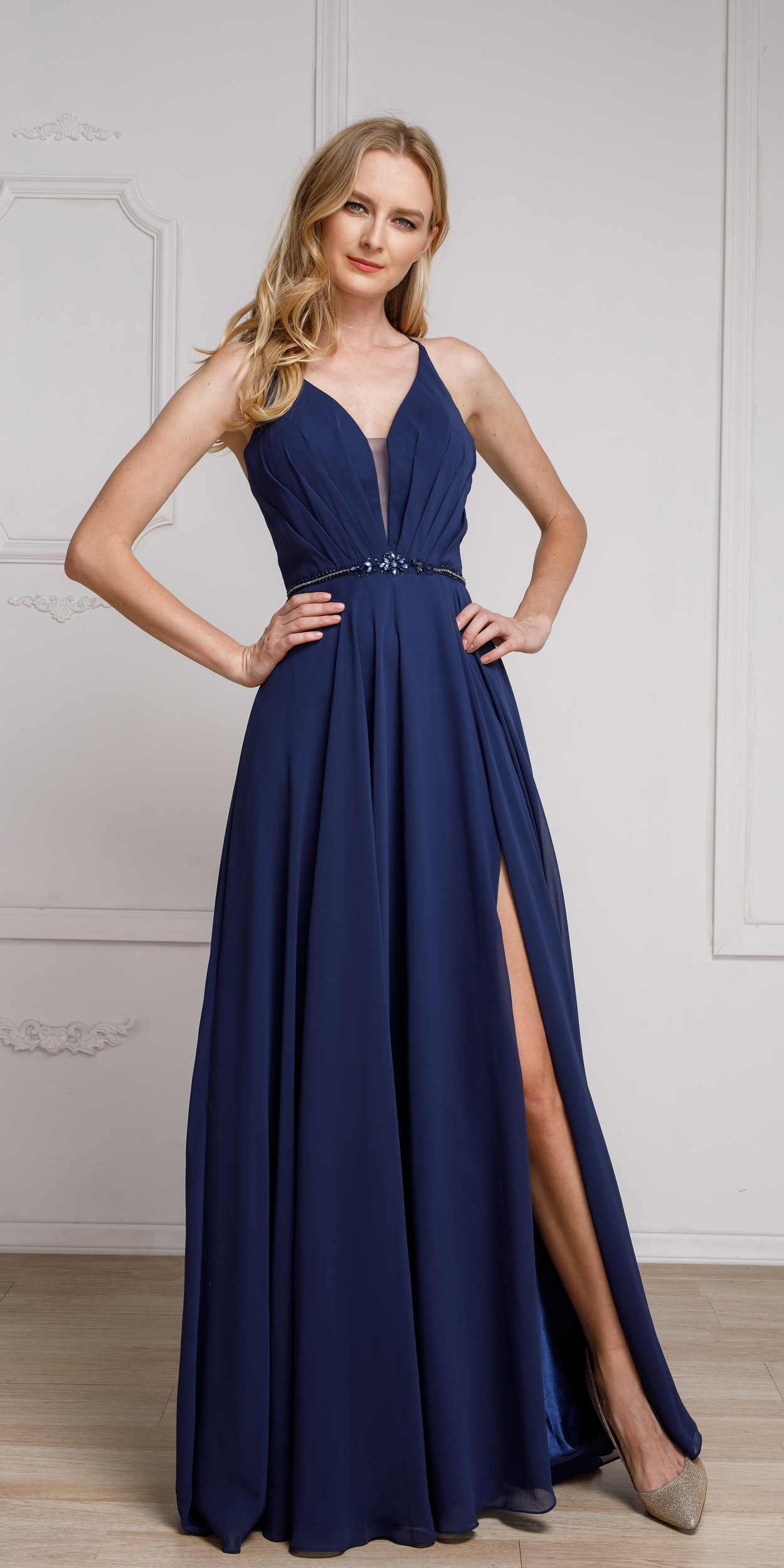 V-Neck Rhinestones Belt Front Slit Long Bridesmaid Dress — in Navy