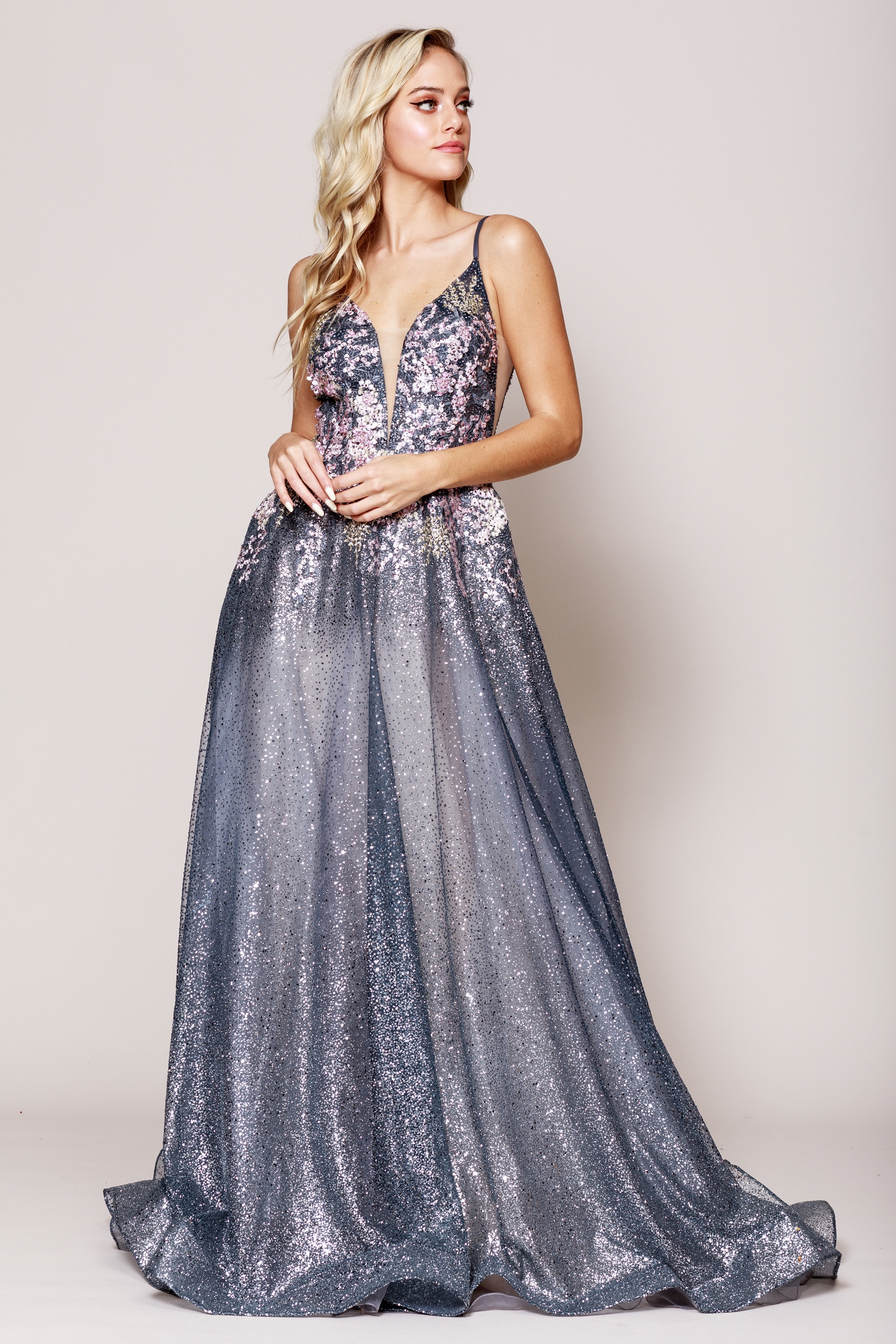 Rhinestone Embroidered Spaghetti Strap Prom Gown