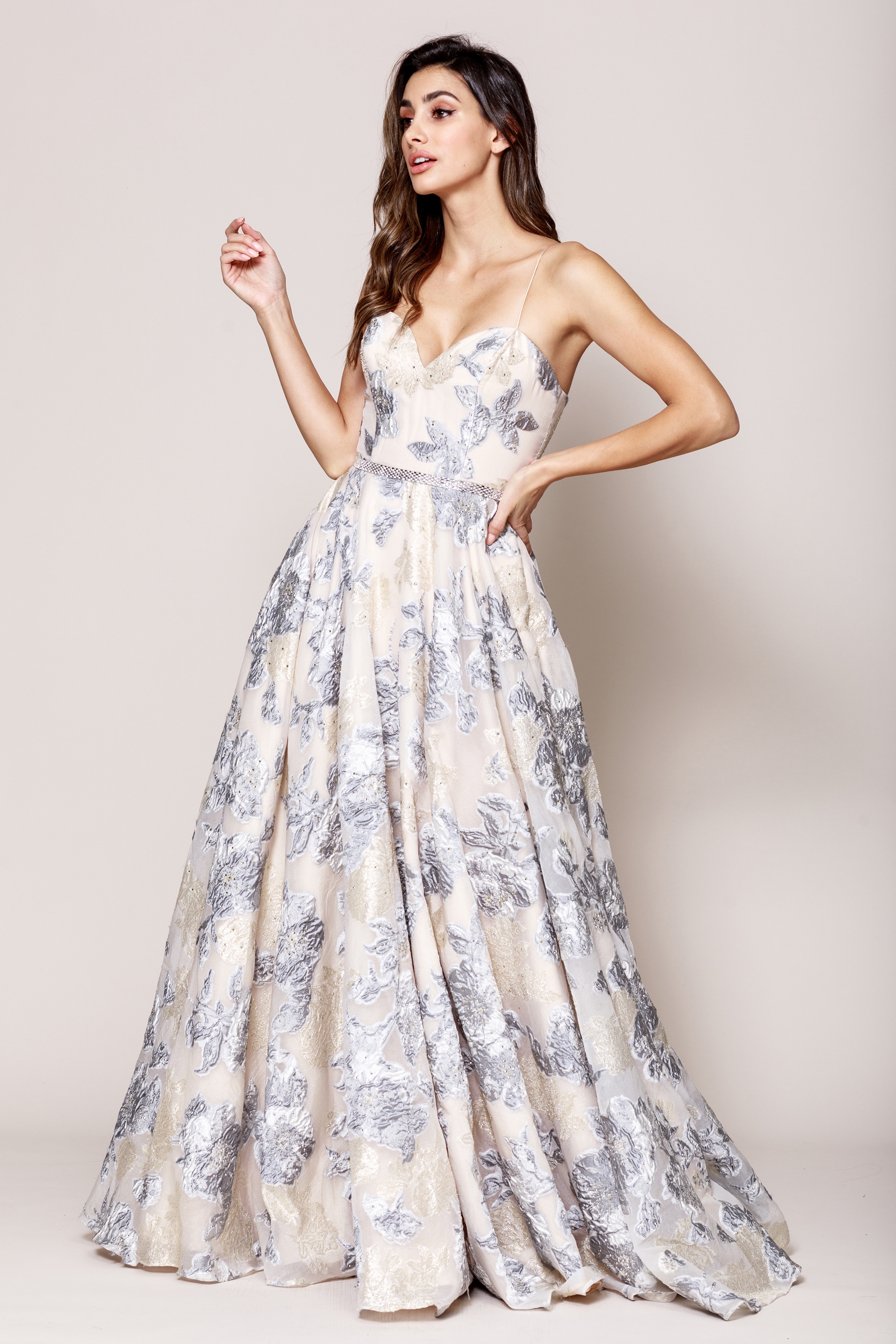 Floral Print and Embroidered Flared A-Line Prom Gown