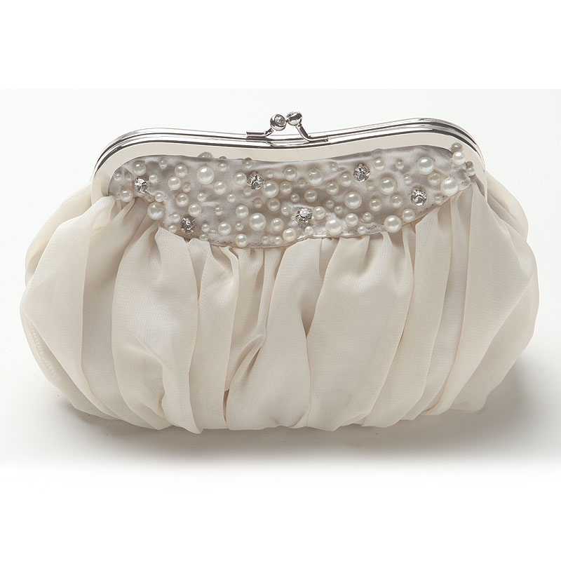 Pearl Beaded Chiffon Evening Bag with Kiss Lock. 