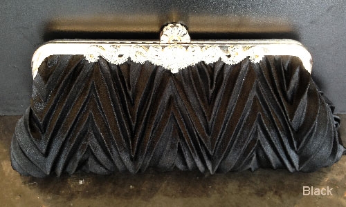 Patterned Satin Evening Bag with Metal Trim — in Black