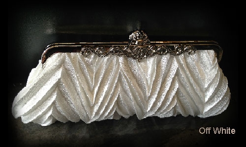 Patterned Satin Evening Bag with Metal Trim — in Off White
